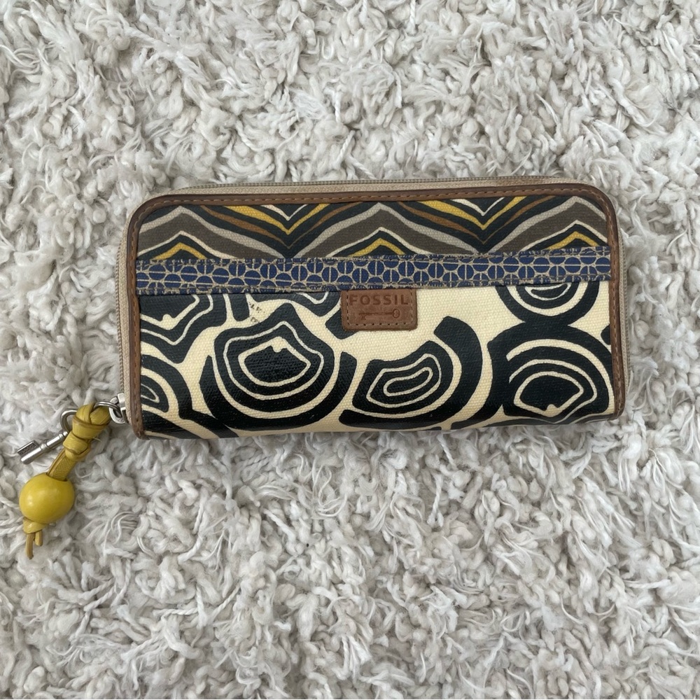 Fossil Vintage Y2K Safari Mod Key Per Leather Trim Canvas Wallet